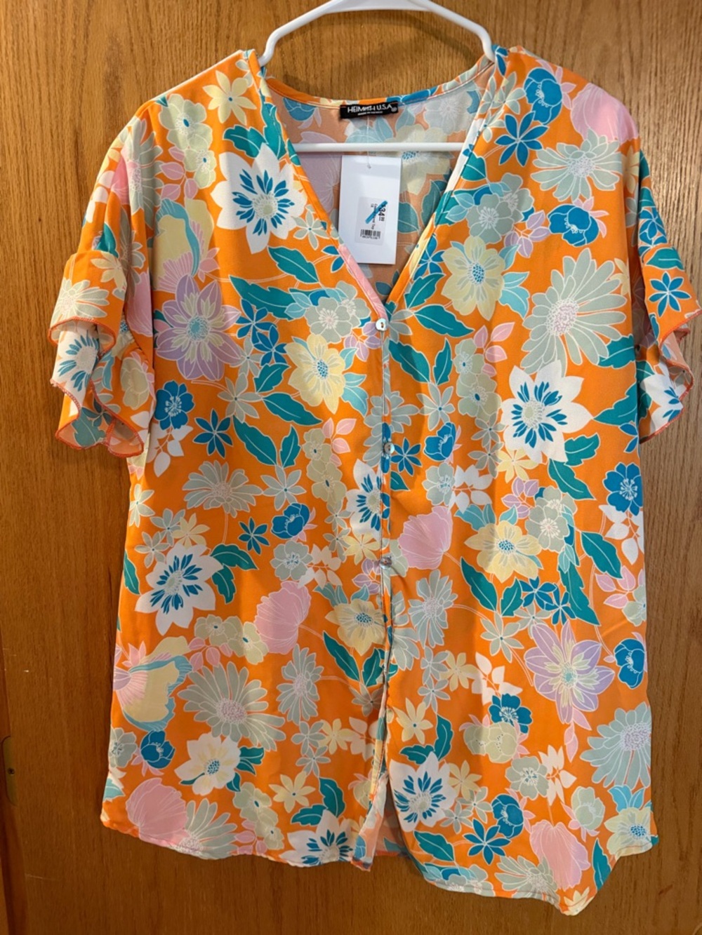 HEIMISH USA Orange Floral Top with Teal Accents